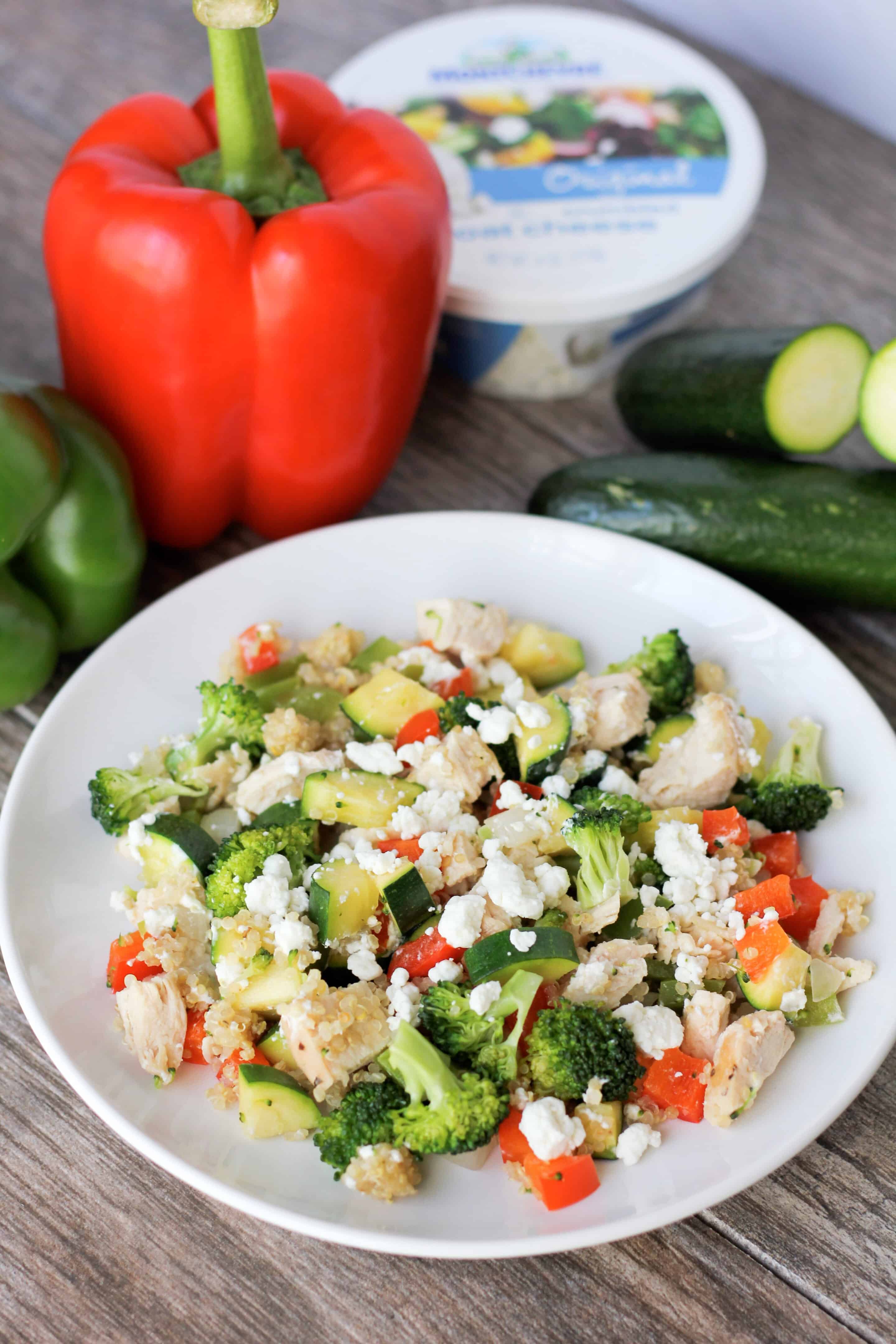 Quinoa Bowl with Grilled Chicken, Veggies, and Goat Cheese